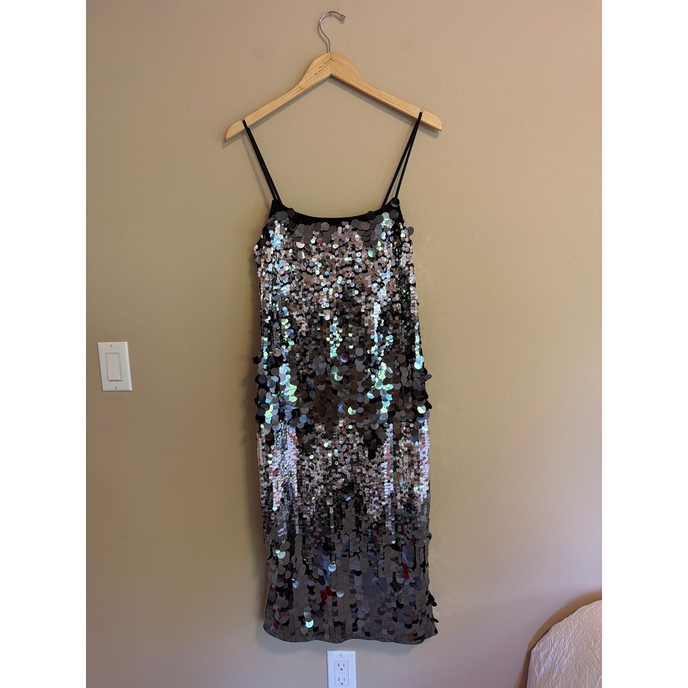 NWT Avec Les Filles Silver Paillette Sequin Midi Dress Adjustable Straps Size 4